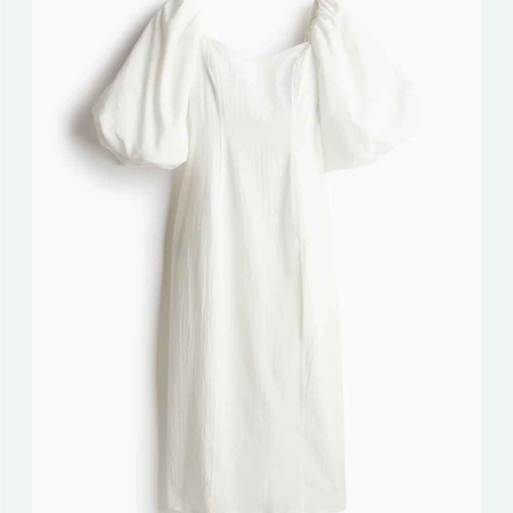 H&M White Midi Dress with Puff Sleeves